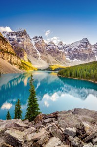 Landscape view of Moraine lake in Canadian Rocky Mountains